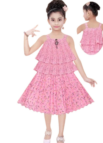 Girls Pink Printed Georgette Frill Frock - Size Customized, 120 GSM, Sleeveless Style | No Fade, Handwashable, Modern Design