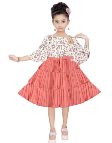 Kids Girls Cotton Frock - Cotton, Customized Size, Multi Color | Modern 3/4th Sleeve, No Fade, Washable, Printed Pattern