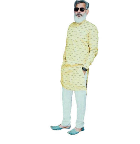 Yellow Color Full Sleeves Printed Pattern Mens Kurta Pajama