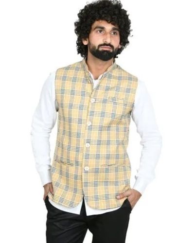 Pure Cotton Fabric Check Pattern Sleevless Mens Nehru Jacket