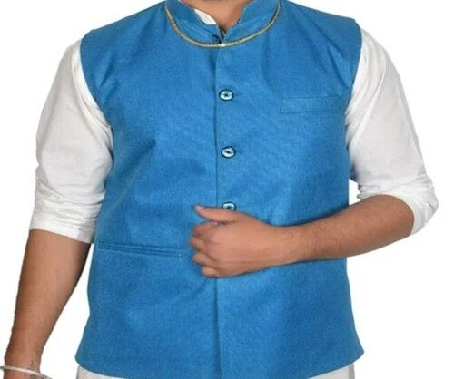 Blue Color Plain Pattern Party Wear Nehru Jacket