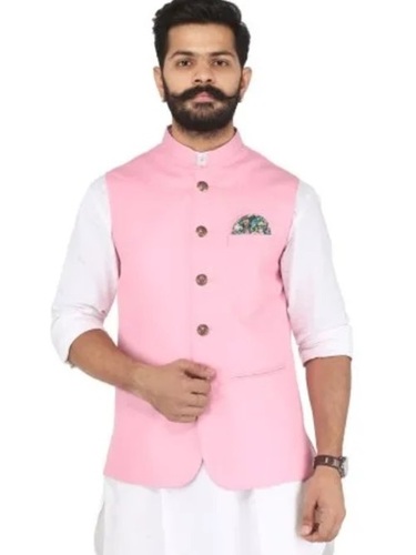 Pink Color Plain Pattern Party Wear Mens Nehru Jacket