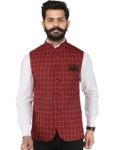 Red Cotton Check Sleeveless Nehru Jacket - Vibrant Red Color, Breathable Fabric | No Fade, Normal Wash, Stylish Design