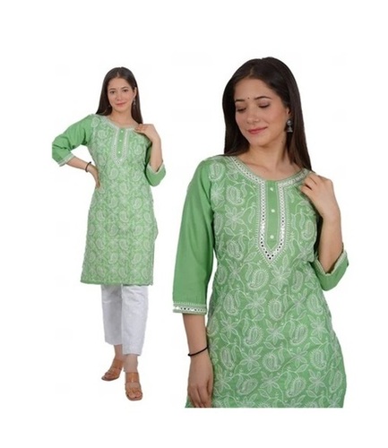 Cotton Embroidered Kurti - Knee Length, Regular Fit, Round-Neck | Green, 3-4th Sleeves, Quick Dry, Machine Washable, Breathable