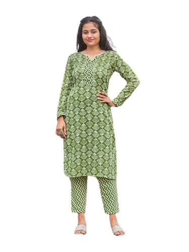 Cotton Kurtis - Calf Length, Machine-Made, Printed Green, Regular Fit | Quick Dry, Breathable, Long Sleeve, Trendy Casual Wear for Ladies