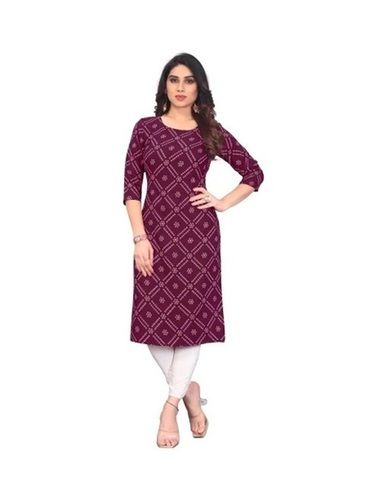 Casual Wear 3/4th Sleeve Round Neck Bandhani Printed Crepe Kurtis for Ladies