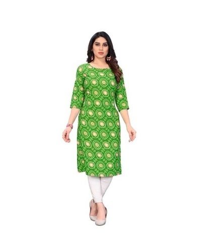 Casual Wear 3/4th Sleeve Round Neck Bandhani Printed Crepe Kurtis for Ladies