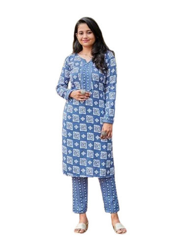 Ladies Kurti - Cotton, Medium to XXL Sizes, Blue Printed, Calf Length, Long Sleeve | Casual, Trendy, Quick Dry, Washable, Breathable, Regular Fit