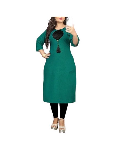 Cotton Kurti - Regular Fit, 3-4th Sleeves, Calf Length, Green | Casual, Quick Dry, Breathable, Washable, Trendy