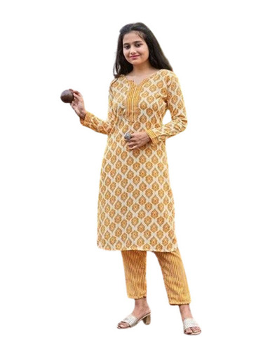 Printed Cotton Kurti Set - Color: Orange And White