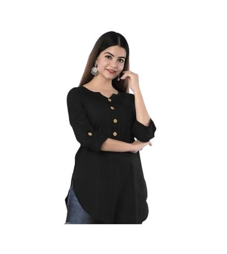 Casual Wear Regular Fit 3/4th Sleeve Round Neck Plain Rayon Ladies Short Kurtis