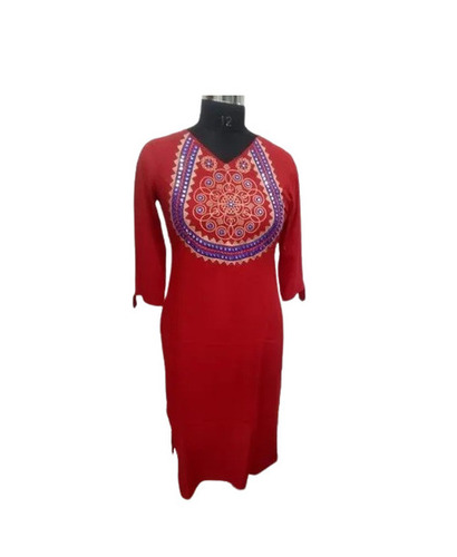 Embroidered Rayon Kurtis - Long Regular Fit V-Neck 3-4th Sleeve | Breathable Quick Dry Washable Trendy Style for Adults