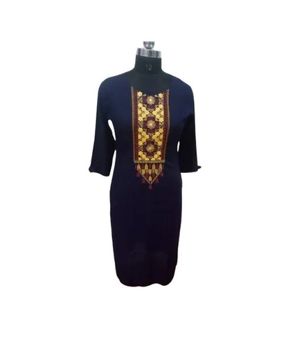Embroidery Rayon Kurtis - Long Round-Neck Design 3-4th Sleeves Trendy Blue Pattern | Regular Fit Quick Dry Breathable Machine Washable