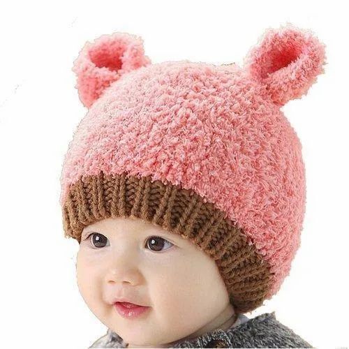 Designer Kids Woolen Caps - Plain Pink Woolen Fabric, Comfortable Winter Headwear for Kids