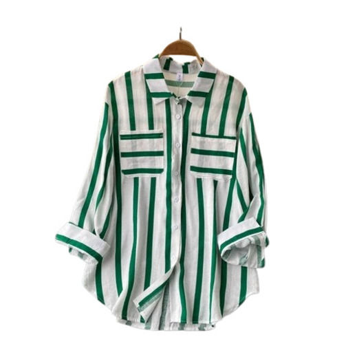 Casual Wear Regular Fit Full Sleeve Readymade Ladies Striped Oversized Shirts