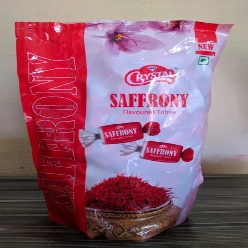 Saffron Flavored Toffee - Round Shape, Sweet Taste in Red Plastic Jar | Eggless, Solid Form, 6 Months Shelf Life