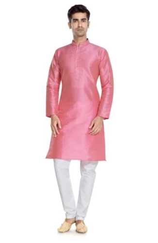 Mens Silk Kurta Pajama - Dupion Silk, Embroidered Festive Design , Breathable & Washable Fabric, Long Sleeve Churidar with Drawstring Waist Band