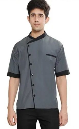 Grey Color Plain Pattern Short Sleeves Mens Waiter Uniform