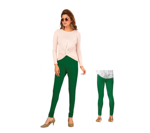 Green Cotton Lycra Ladies Ankle-Length Leggings - 4-Way Stretch, Slim Fit, Mid Waist, Breathable and Quick Dry