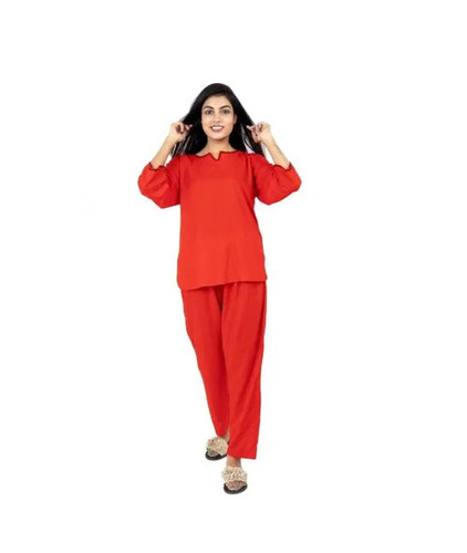 Ladies Night Suit - Rayon Full Sleeves L/XL/XXL Sizes Red Color | Hypoallergenic Breathable Lightweight Quick Dry Machine Washable