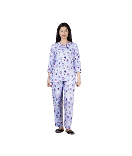 Printed Night Suit - Cotton, L/XL/M Size | Purple, 3/4th Sleeves, Hypoallergenic, Breathable, Quick Dry