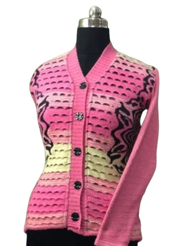 Ladies Baby Pink Full Sleeve Woolen Handwash Cardigan - Size Large, V-Neck Design, Casual Wear, Long Sleeve Style, Multi color Printed Pattern