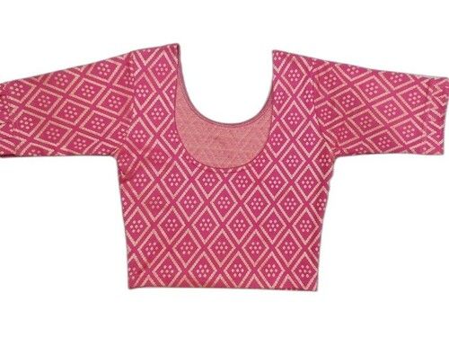 Pink Color Printed Pattern Short Sleeves Ladies Polyester Blouse