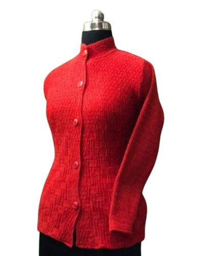Ladies Full Sleeve Red High Neck Woolen Cardigan - Medium Size, Casual Wear, Plain Pattern, Long Sleeves