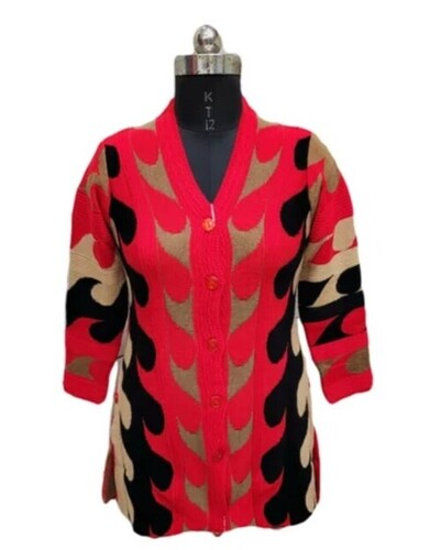V Neck Full Sleeves Printed Pattern Ladies Woolen Cardigan