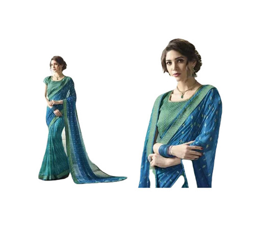 Blue Georgette Saree - 6.3 Meters Length with Unstitched Blouse Piece, Lightweight and Breathable for Comfortable Party Wear