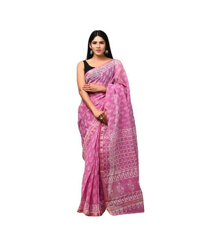 Party Wear Light Weighted Shrink Resistant Printed Kota Doria Zari Sarees for Ladies