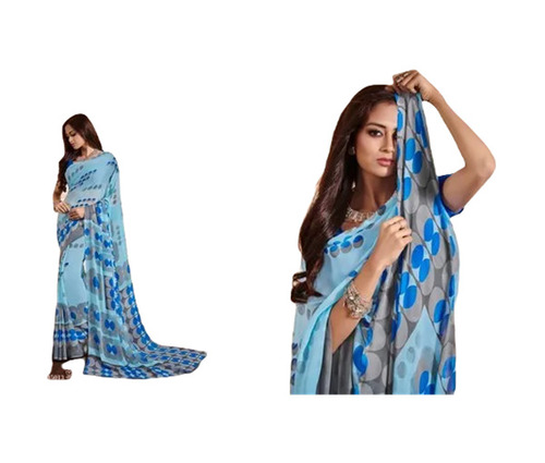 Pure Georgette Sarees - 6.3 Meters with Unstitched Blouse Piece, Printed Design in Blue | Fade-resistant, Lightweight, Breathable, Easy Care