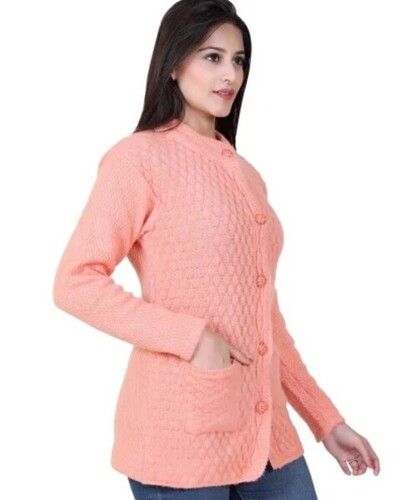 Pink Color Round Neck Full Sleeves Ladies Woolen Cardigan