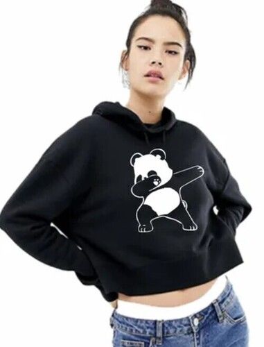 Black Color Printed Pattern Full Sleeves Ladies Panda Print Cropped Hoodie