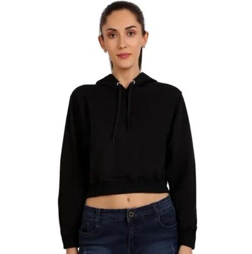 Black Color Plain Pattern Full Sleeves Ladies Cropped Hoddie