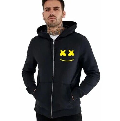 Black Color Printed Pattern Cotton Material Mens Zipper Hoodie