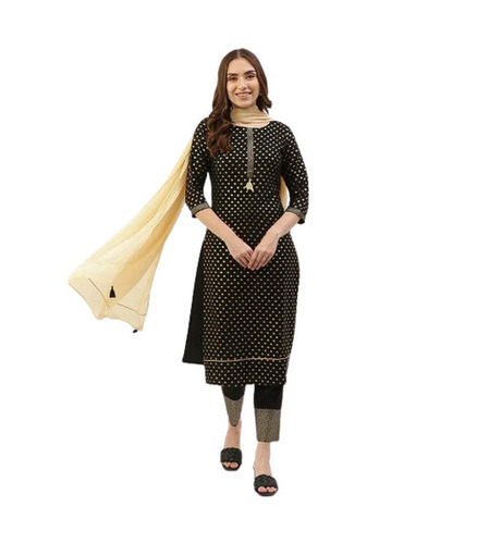 Kurti & Bottom Set - 90 GSM Cotton Blend, Printed Black Casual Wear with Anti-Wrinkle, Breathable Features and Regular Fit