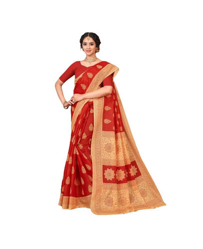 Cotton Red Saree - 5.5 Meters Length, Machine Washable, Fade & Wrinkle Resistant, Lightweight & Skin-Friendly