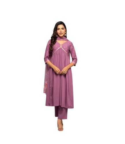 Crape Foil Print Kurti Pant Set - Color: Lavender