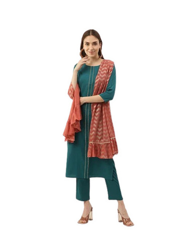 Cotton Blend Kurti Set - Calf Length, Green Color | Regular Fit, Quick Dry, Machine Washable, 3-4th Sleeve, Plain Pattern, Summer and Winter Wear