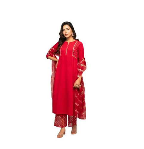 Foil Print Poly Crape Kurti Pant Set - Color: Red