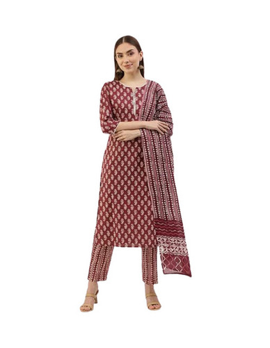 Ladies Cotton Printed Kurti and Pant Set - Regular Fit, 3-4th Sleeve, Maroon Color, Calf Length, Quick Dry Feature, Machine Washable