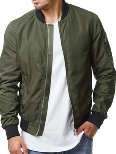 Green Color Full Sleeves Plain Pattern Mens Bomber Jacket