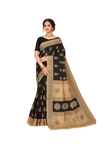 Ladies Cotton Saree - 5.5 Meters Length, Black Color | Breathable, Quick Dry, Easy Washable, Skin-Friendly, Wrinkle & Tear Resistant
