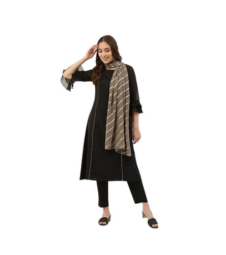 Ladies Kurtis - Calf Length, Regular Fit, Round-Neck, Black | Casual Cotton Blend, Washable, Breathable, Tear Resistant, Includes Kurti, Bottom, Dupatta