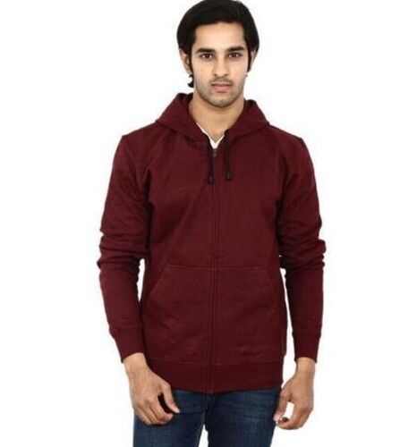 Maroon Color Plain Pattern Full Sleeves Mens Hoodies