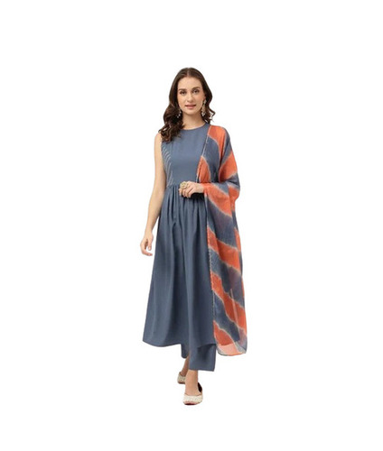 Sleeveless Poly Crape Kurti Pant Set - Color: Gray