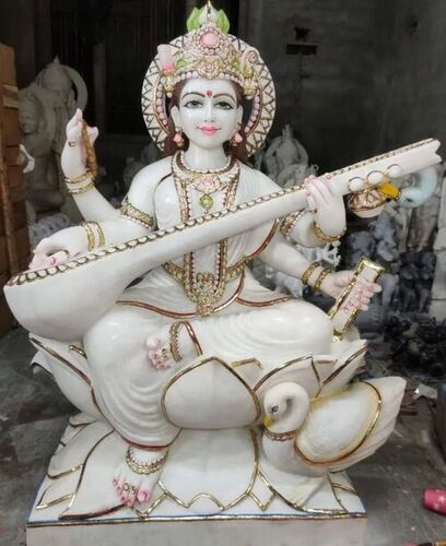 White And Golden Painted Marble Saraswati Statue, For Worship, Size: 24 Inch