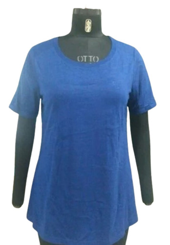 Blue Color Plain Pattern Short Sleeves Ladies T Shirts