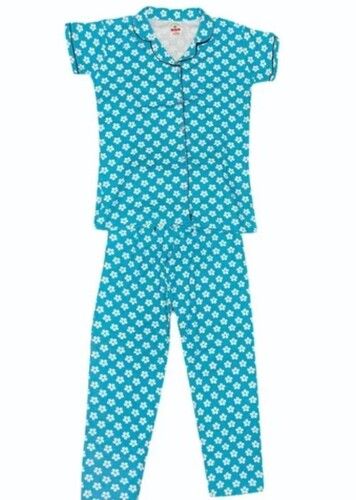 Girls Blue Printed Cotton Night Suit For Night Wear